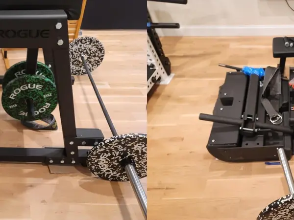 Home gym equipment laid out and reassembled showing before and after of a full disassembly